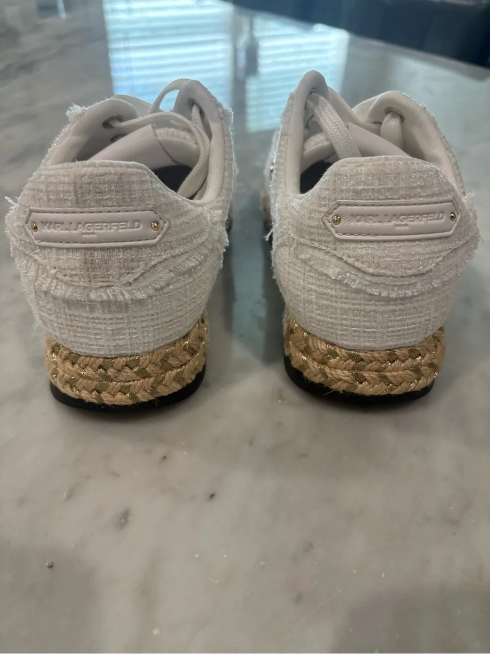 Karl Lagerfeld Paris Meaza Tweed Star Espadrille Sneakers White Gold - Size 7.5